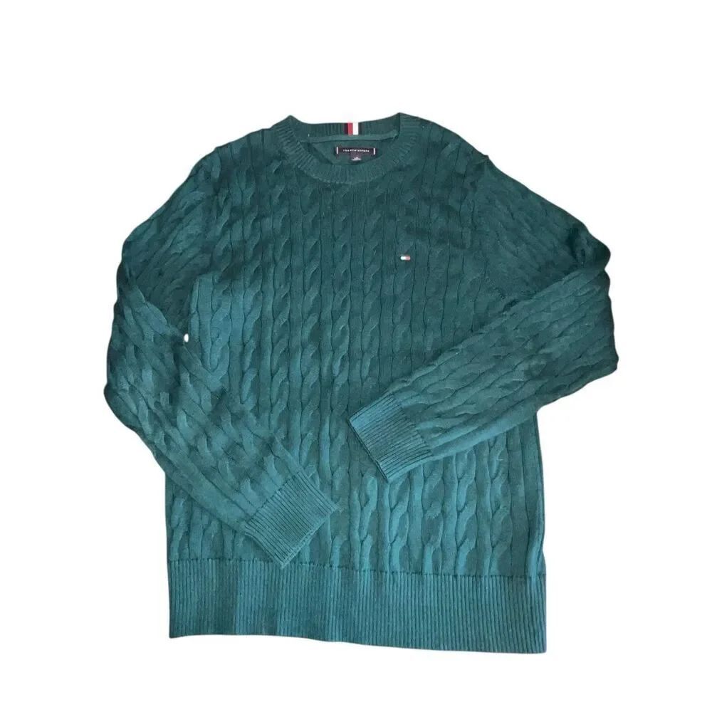 Tommy Hilfiger men’s L Cotton Cable Knit Dark Green pullover Sweater preppy